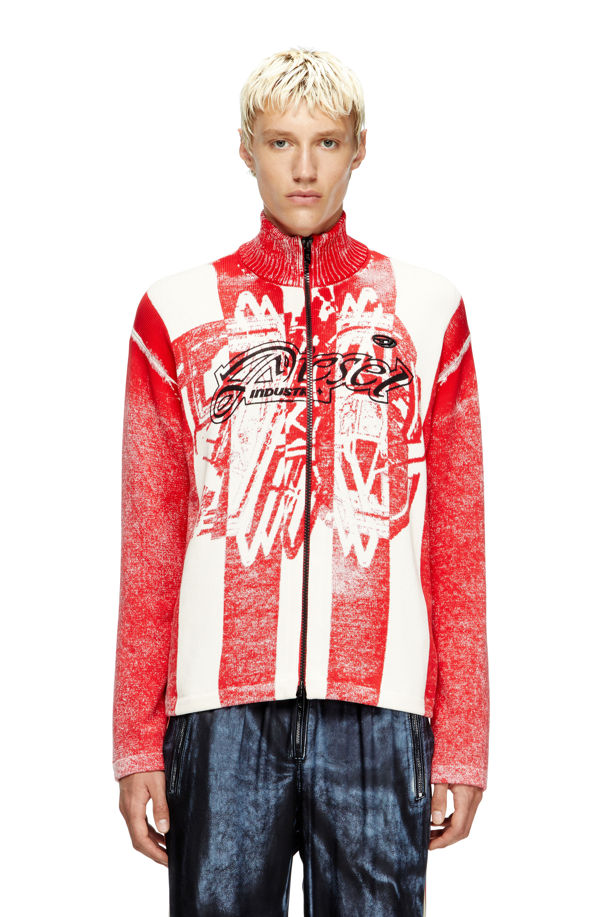 Diesel - K-OLIBA-JKT, Man's Inside-print striped zipped cardigan in Red/White - 1
