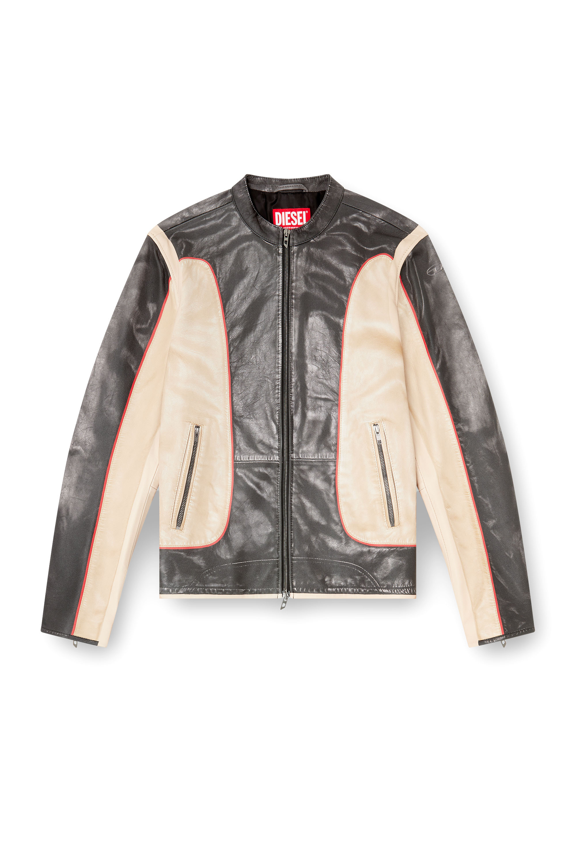 Diesel - L-EVERT, Man's Trompe l'oeil-effect leather biker jacket in Beige/Black - 3