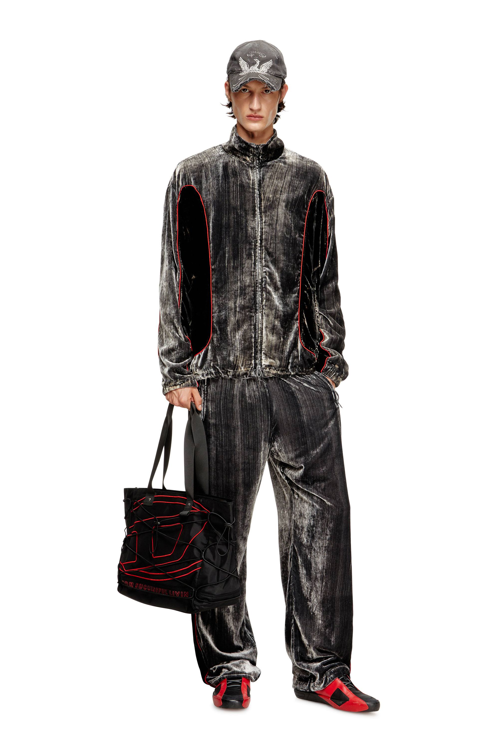 Diesel - J-HAY, Man's Track jacket in treated velvet in Black/Red - 2