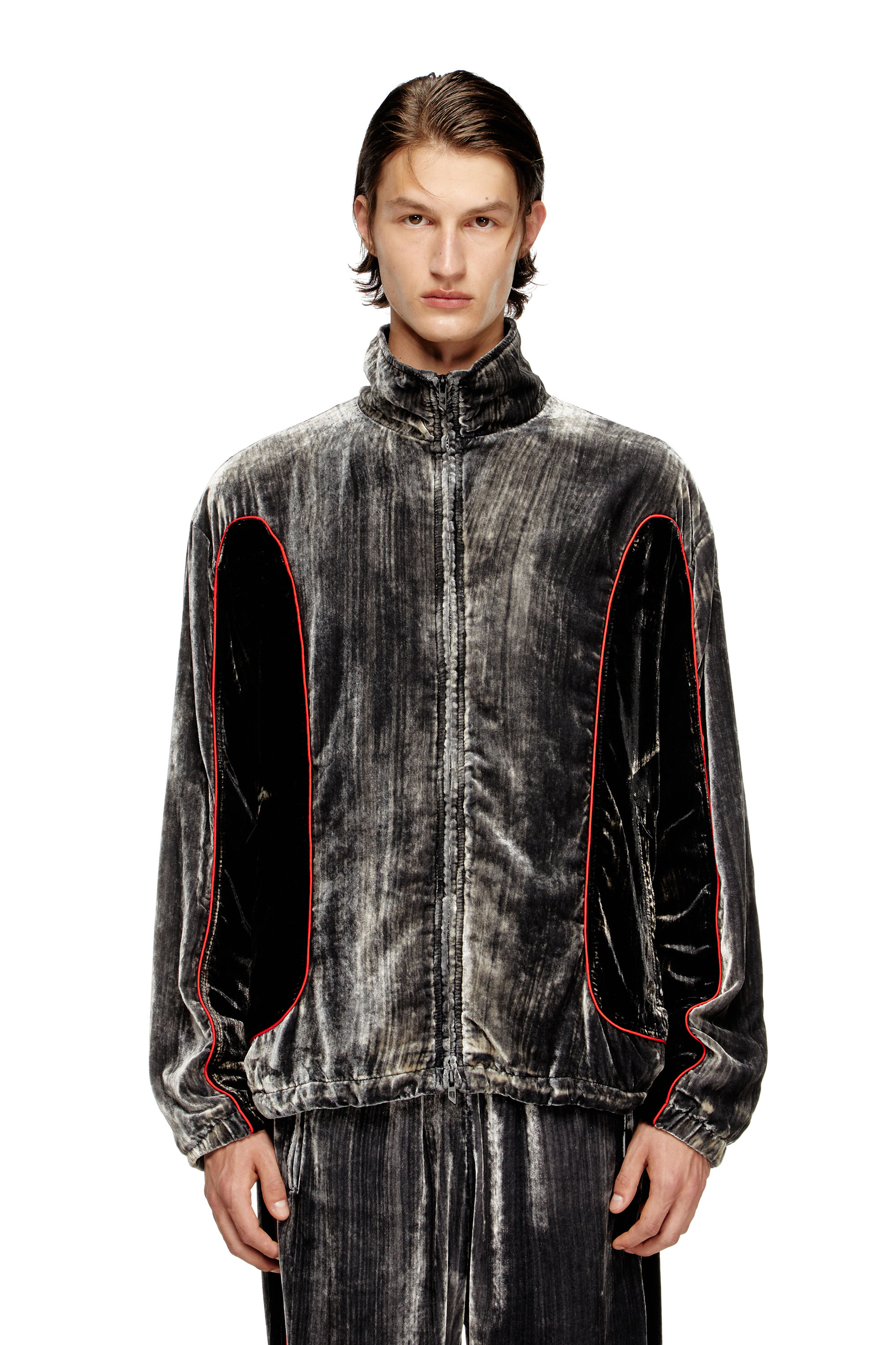Diesel - J-HAY, Man's Track jacket in treated velvet in Black/Red - 1